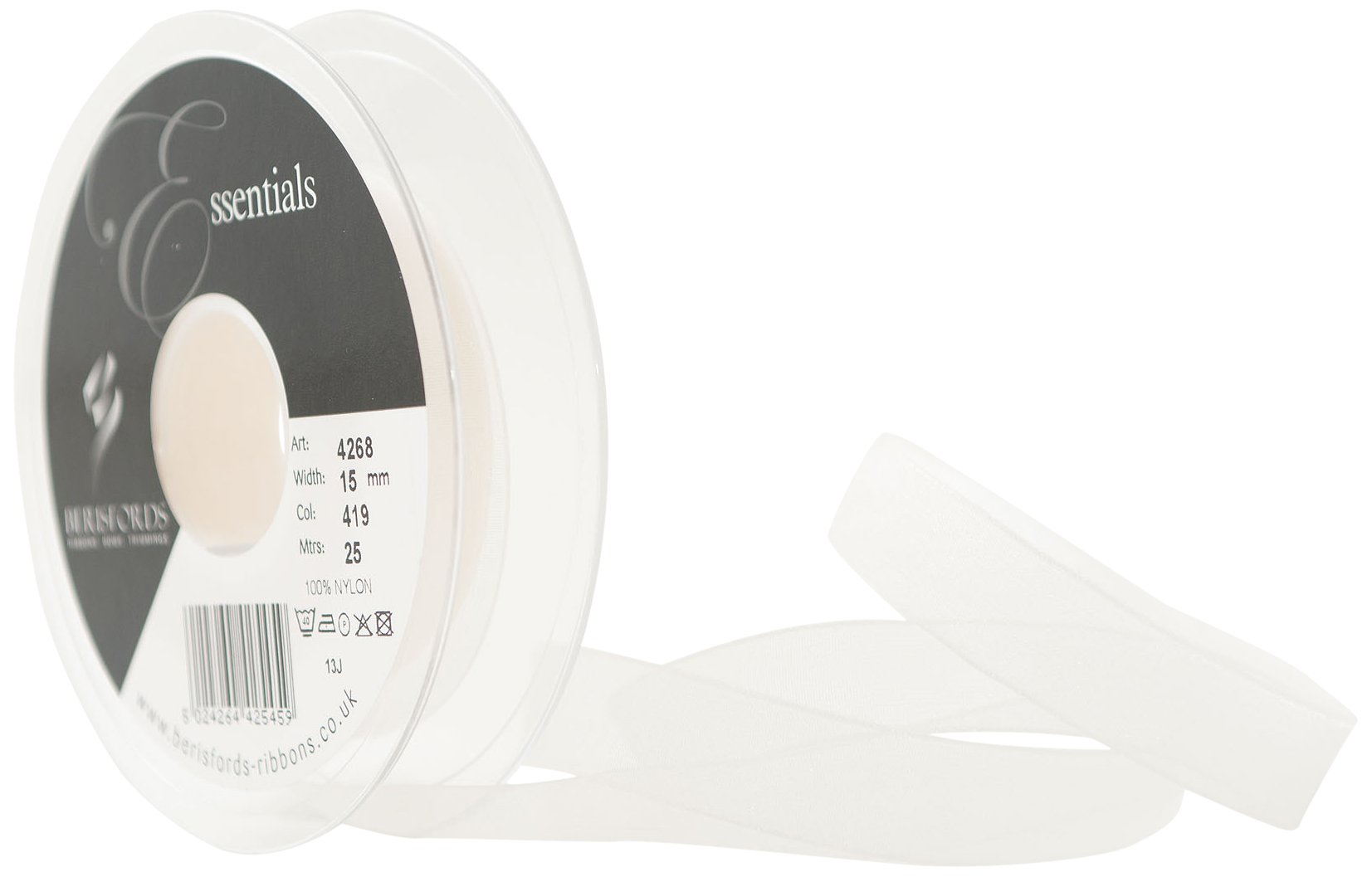 Berisfords 15 mm Super Sheer Ribbon, Bridal White