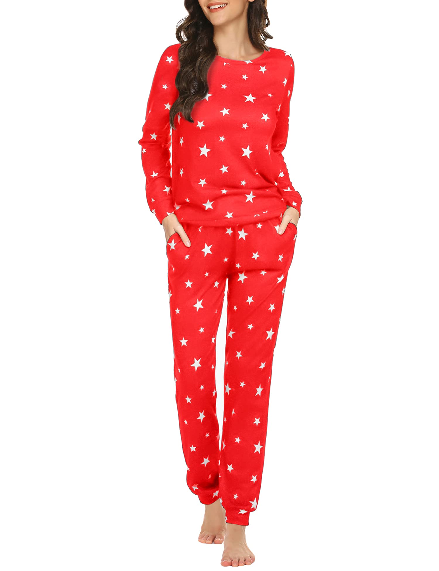 Ekouaer Womens Star Printed Loungewear Sets Long Sleeve Tops Pajamas Sets Sleepwear Christmas Night Shirt with Pockets red White Star X-Large Image