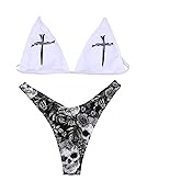 ANKOMINA Women Gothic Skull Letter Printed Two Piece Swimsuit High Cut Triangle Bikini Set for Rave Party Festival Halloween