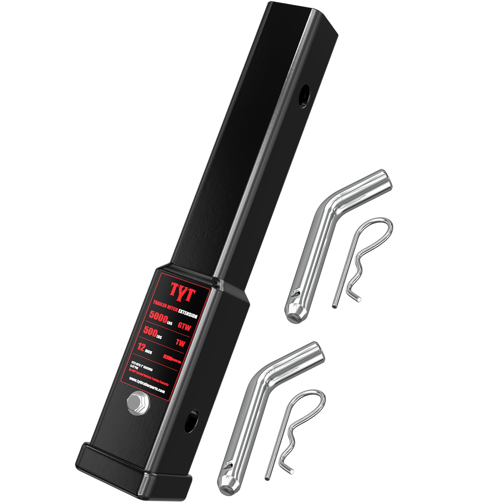 TYT 12" Trailer Hitch Extension for 2 inch Receiver Tube Extender，Includes 2 Sets of 5/8" Premium Hitch Pin, 5000 lbs GTW / 500 lbs TW Image