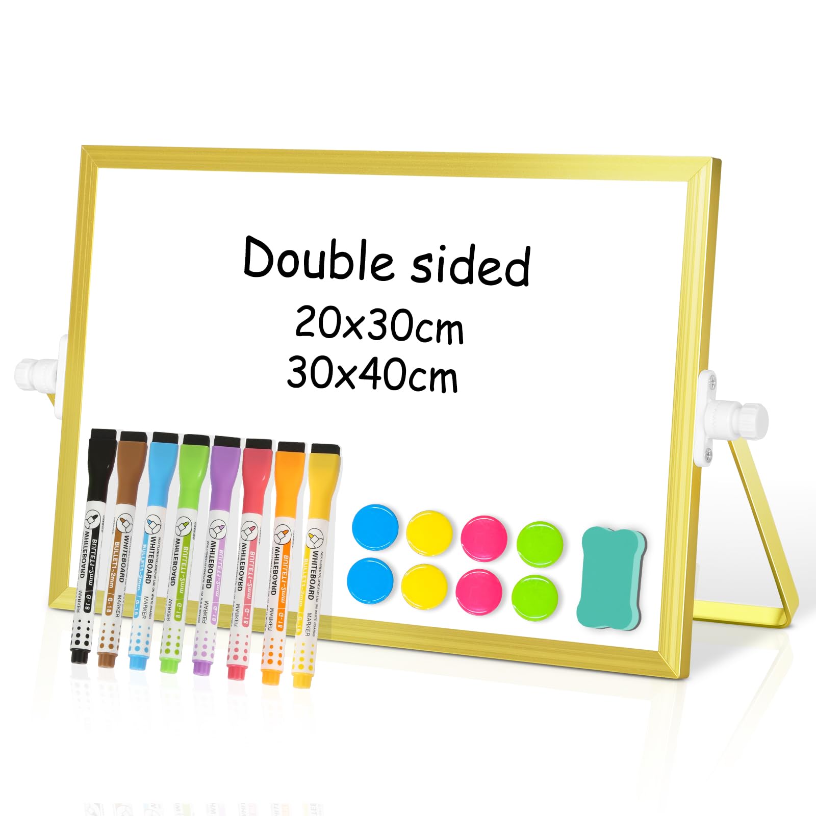 DOLLAR BOSS Magnetic Desktop Whiteboard 20x30cm Double Sided Dry Erase Small White Board with Stand, A4 Mini Whiteboard 8 Pens, 1 Eraser, for School, Home, Office Gold