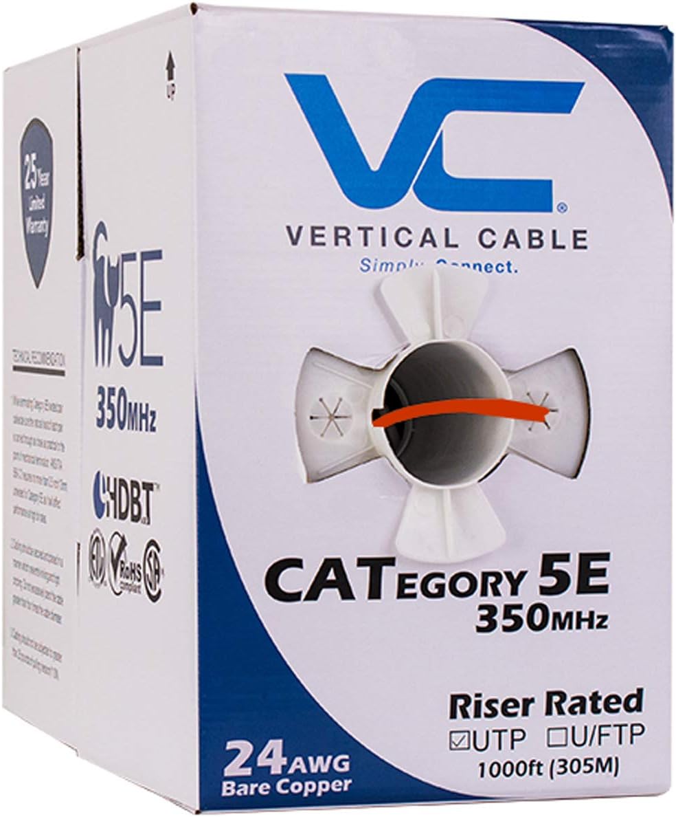 Vertical Cable Cat5e, 350 MHz, UTP, 24AWG, 8C Solid Bare Copper, 1000ft, Orange, Bulk Ethernet Cable - 054 Series