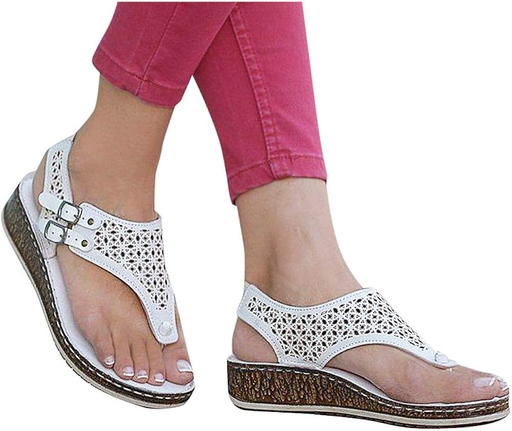 Amazon.com: Women's T-Strap Sandals Hollow Out Ankle Strap Buckle Wedge Shoes Roman =Comfortable 