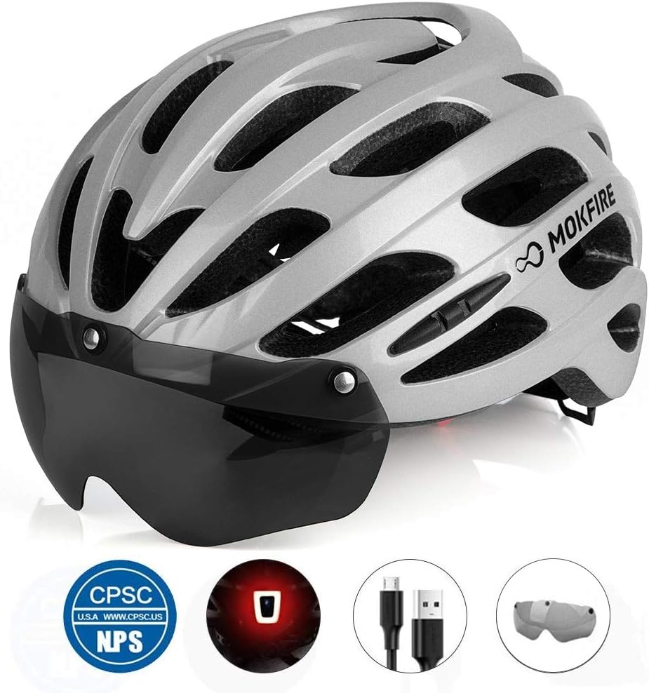 MOKFIRE Bike Helmet with USB Light Detachable Goggles Road