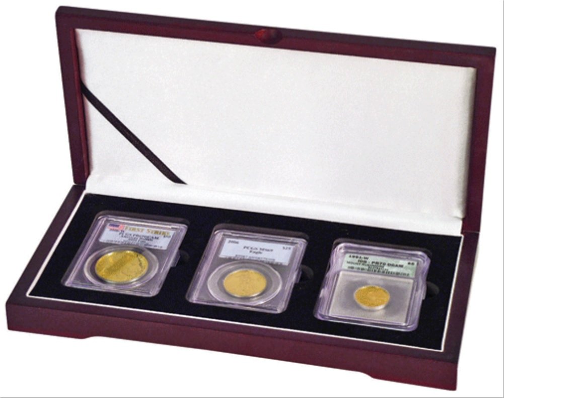 Display box for three NGC/PCGS/Premier/Lil Bear Elite Coin Slab Mahogany Matte Finish ...
