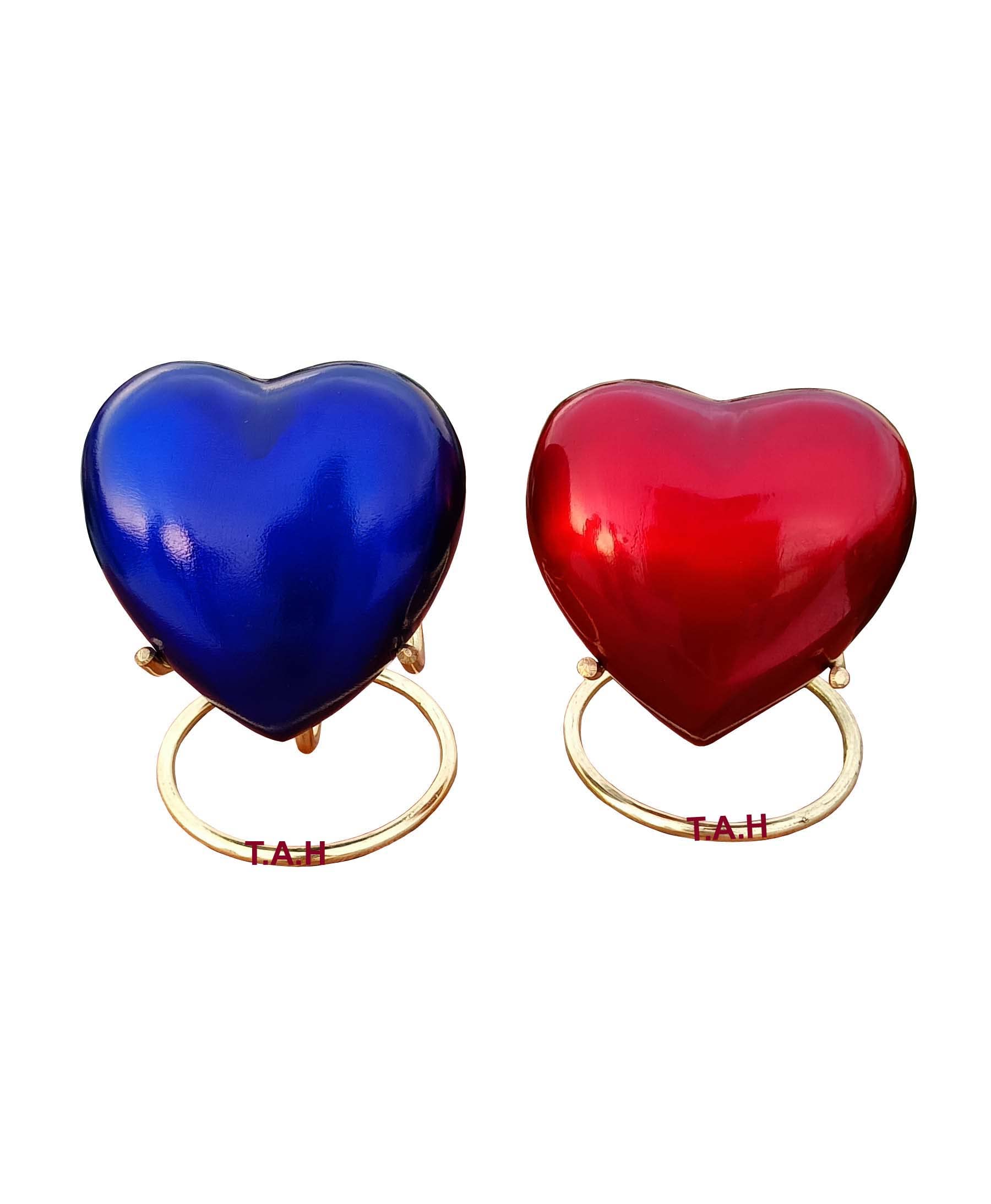 Set of 2 Red and Blue Keepsake Mini Heart Cremation Urn with Brass Stand - for Your Loved One & Human Ashes & Perfect Urn for Gift