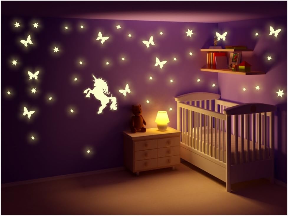Stickerkoenig Children's Wall Tattoo / Sticker / Decoration Glow-in-the-Dark Luminous Fluorescent Orafol Unicorn, Fairy, Spots, Stars, Butterflies Sets Available Leucht Einhorn mit Sterne etc