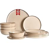 Ceramic Plates and Bowls Sets: 12 Piece Porcelain Dinnerware Sets, Stoneware Kitchen Dishes Set for 4, Scratch Resistant Plate Set, Microwave Dishwasher Oven Safe, Reactive Glaze (Beige)