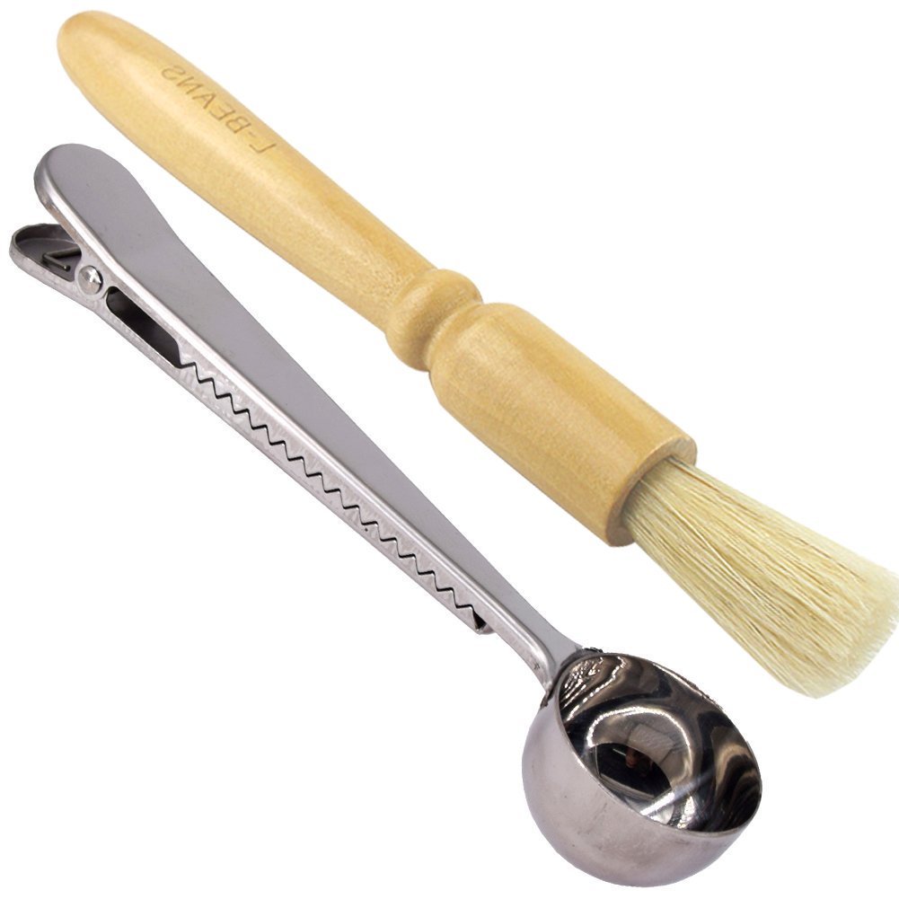Coffee Grinder Cleaning Brush, Heavy Wood Handle & Natural Bristles Wood Dusting Espresso Brush for Bean Grain Coffee Tool Barista with Stainless Steel Spoon Measuring Scoop with Bag Clip Coffee Tool