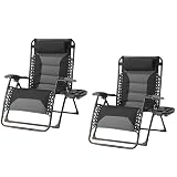 Foristrail Zero Gravity Chair Set of 2 Oversized Padded Recliner with Adjustable Headrest & Cup Holder - 600D Oxford Folding Lounge Chair for Outdoor Camping, Patio, Poolside (Black & Gray)