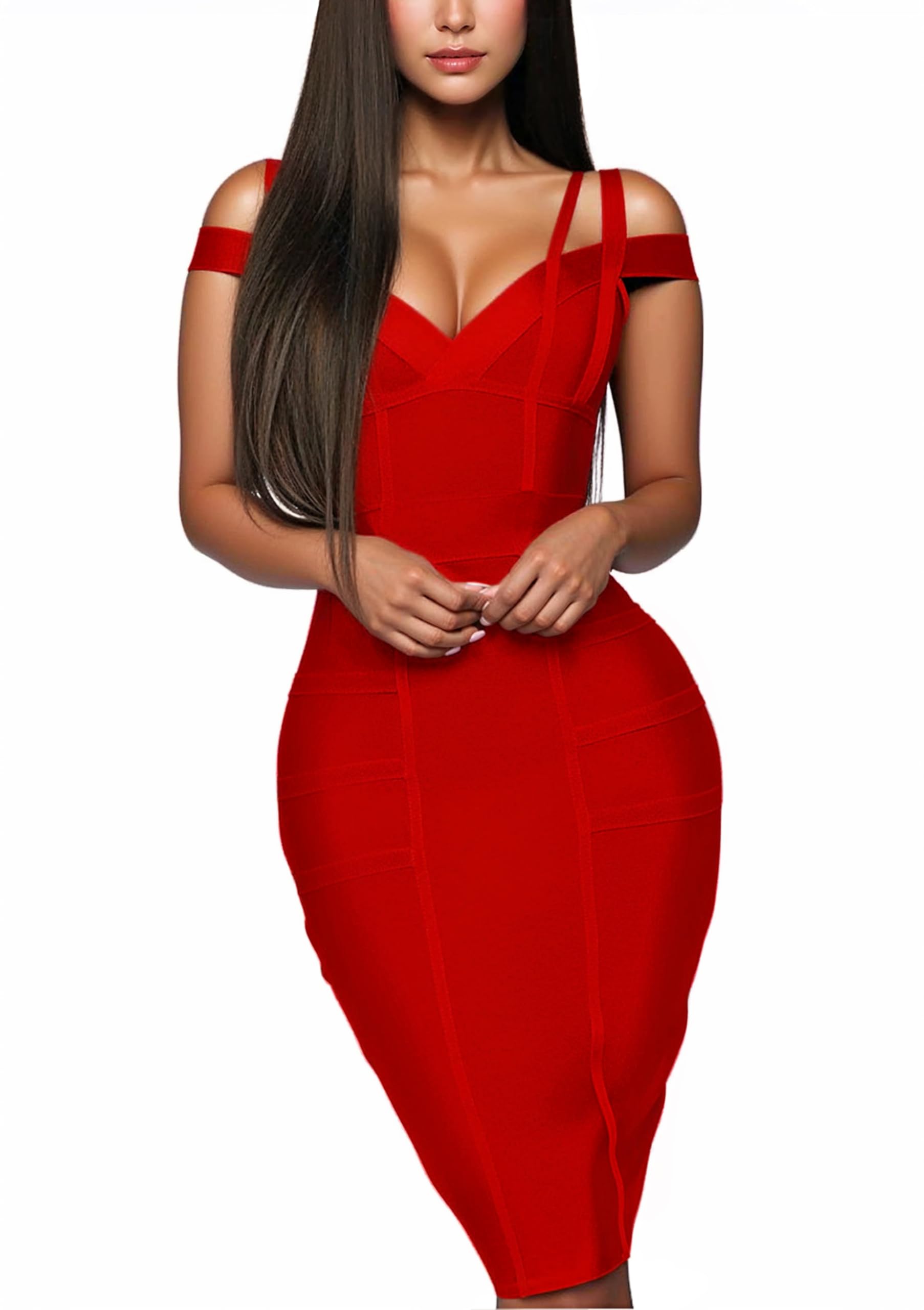 Photo 1 of & Company Womens Elegance V-Neck Knee-Length Stretch Chic Midi Bandage Dress DRBD132 RED 1X