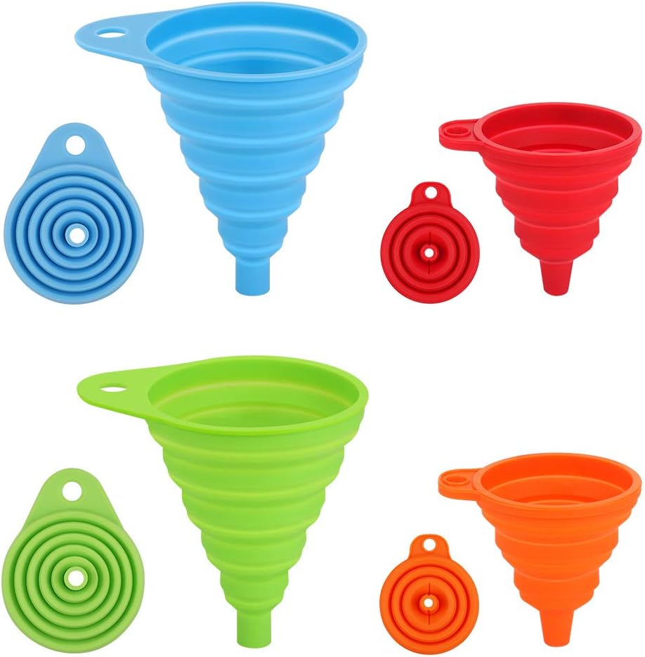 Silicone Collapsible Funnel, Small and Large, 4pcs Flexible Silicone Foldable Kitchen Funnel for Water Bottle Liquid Transfer Hopper Food Grade Silicone Funnel
