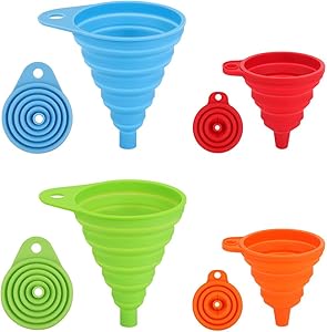 Silicone Collapsible Funnel, Small and Large, 4pcs Flexible Silicone Foldable Kitchen Funnel for Water Bottle Liquid Transfer Hopper Food Grade Silicone Funnel