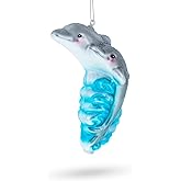 Graceful Dolphin Riding The Wave Glass Christmas Ornament
