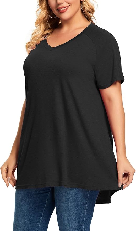 J·ATOPOS Women's Plus Size Tunic Tops Casual V Neck Flowy Shirts Short