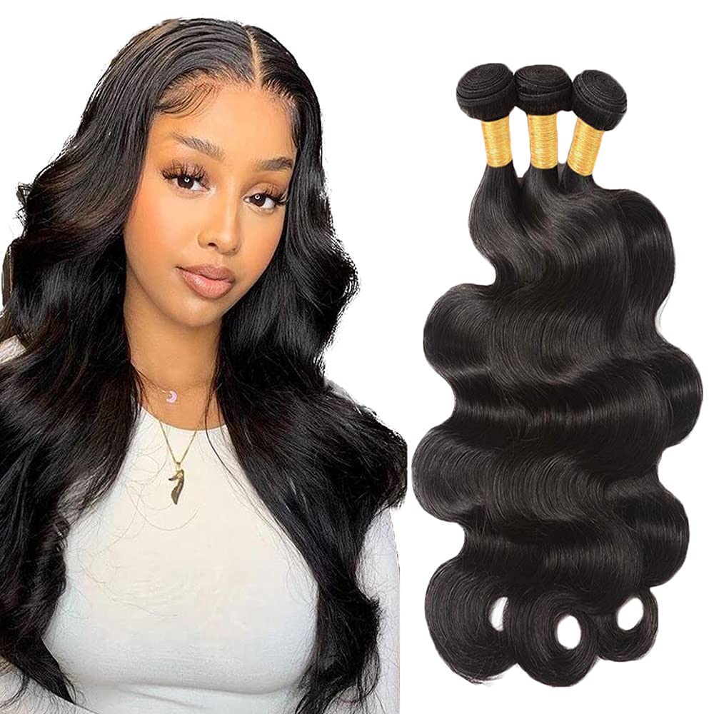 Photo 1 of #1B Body Wave Bundles Human Hair 8 8 8 Inch Natural Black Body Wave Bundle Human Hair Extensions Unprocessed Virgin Remy Hair 3 Bundle 100 Gram Per Bundle For Women