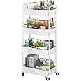 Sywhitta 4-Tier Plastic Rolling Utility Cart with Handle, Multi-Functional Storage Trolley for Office, Living Room, Kitchen, Movable Storage Organizer with Wheels, White