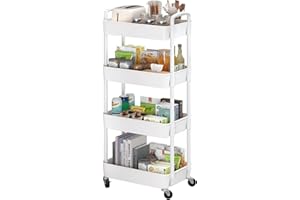 Sywhitta 4-Tier Plastic Rolling Utility Cart with Handle, Multi-Functional Storage Trolley for Office, Living Room, Kitchen, Movable Storage Organizer with Wheels, White