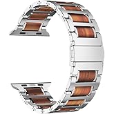 iiteeology Compatible with Apple Watch Band, Natural Wooden Steel Link Bracelet for iWatch Ultra 3/ Ultra 2/ Series 1-11 49mm 46mm 45mm 44mm 42mm - Silver