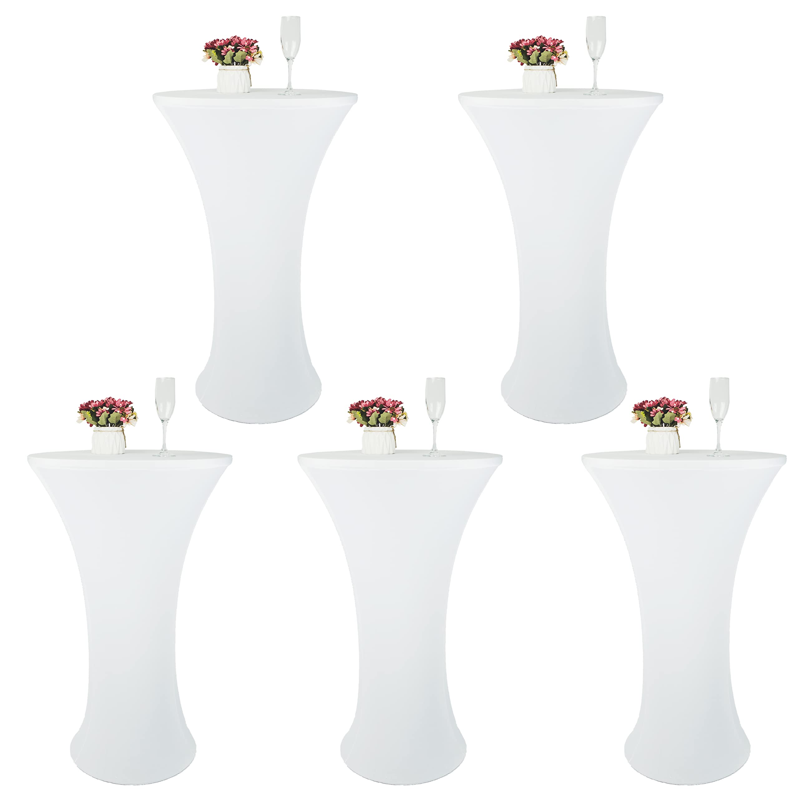 Photo 1 of TC LUDUAN 5 Pack 24x43 Inch White Spandex Cocktail Table Cloth Fitted Round Bar Table Stretch Highboy Cocktail Table Covers for Banquet Outdoor Party Wedding Bar Round Bottom White