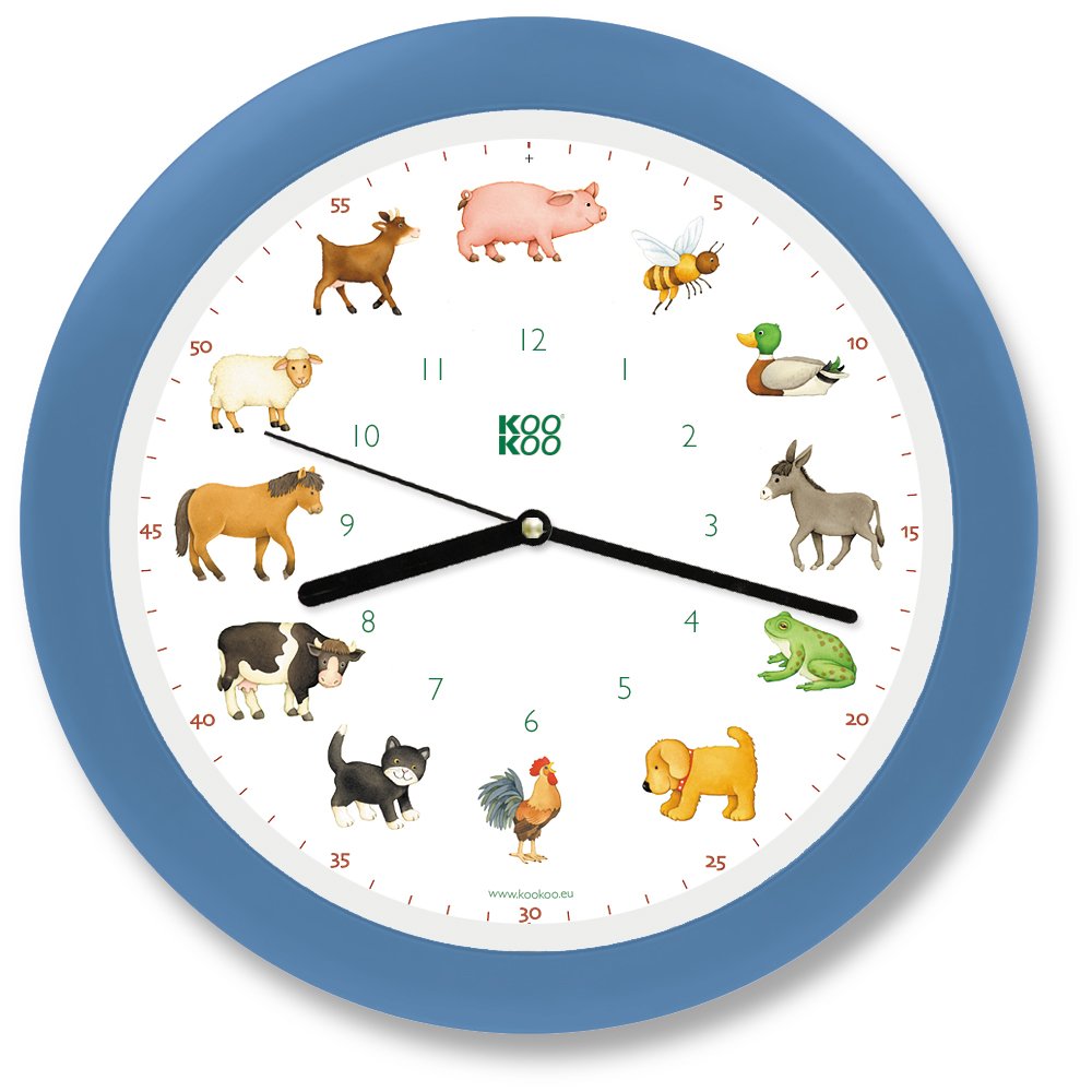 KOOKOO KidsWorld Sky-Blue, genuine wall clock with natural sounds, 12 farm animals