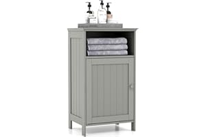 CLEEMAN Bathroom Storage Cabinet, Freestanding Wooden Bathroom Floor Cabinet with Door, Open Shelf, 3-Level Adjustable Shelf, Multipurpose Side Storage Organizer for Living Room, Kitchen (Grey)