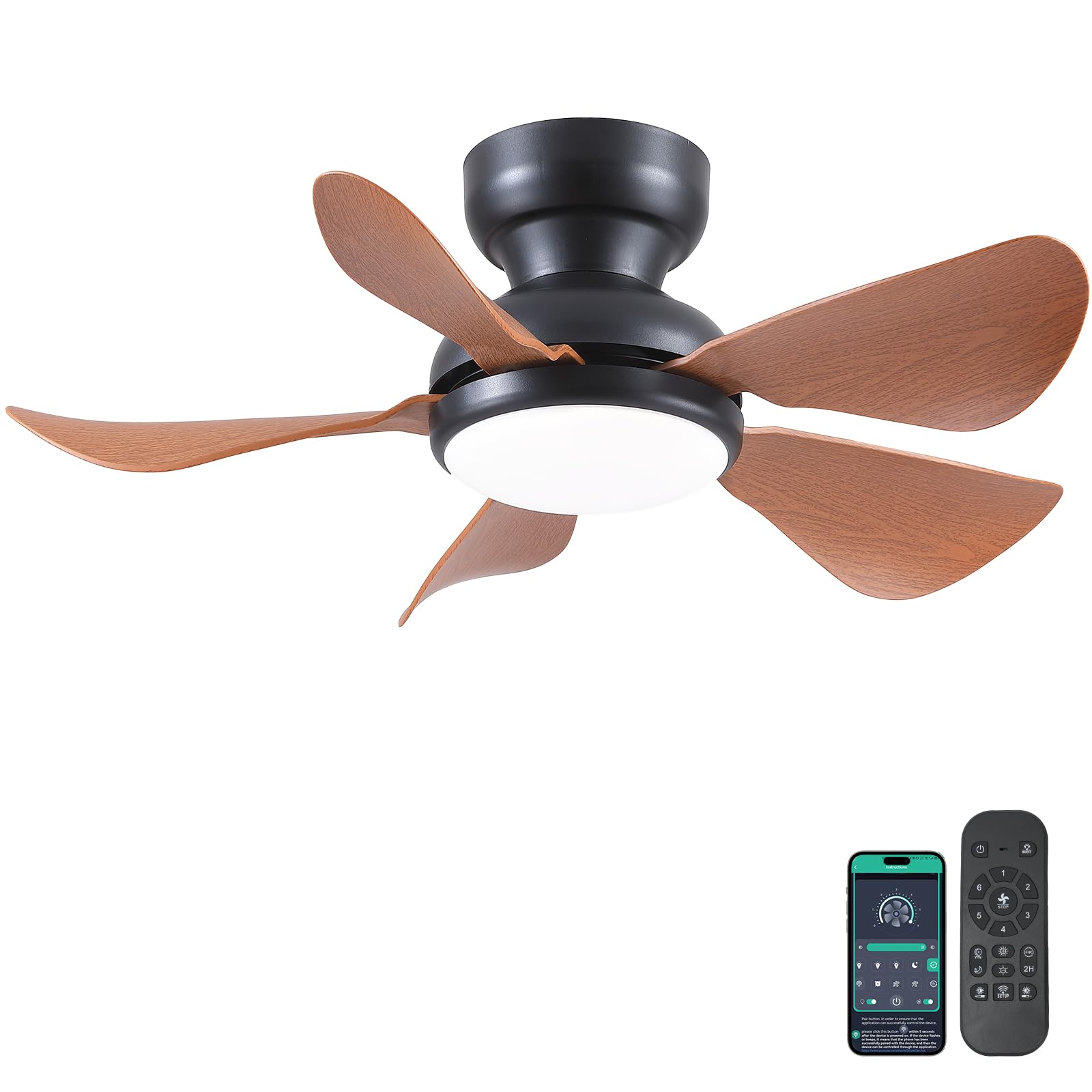 Photo 1 of 32 Inch Modern Ceiling Fans with Lights, Small Flush Mount Ceiling Fan with Light and Remote/APP Control, 5 Reversible 6 Speeds Curved Blades, 3 CCT Dimmable Lights for Kids Room, Brown