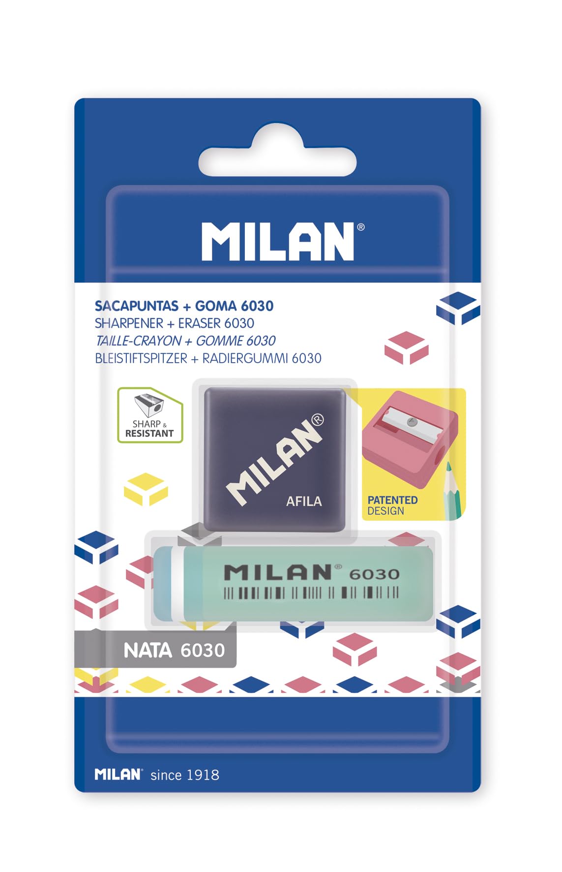 MILAN Afila Blister Sharpener + 6030 Plastic Eraser