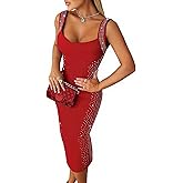 Womens Sexy Elegant Rhinestone Square Neck Sleeveless Bodycon Midi Dress Cocktail Party Club Night Out Dress