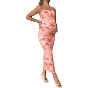 Milumia Women's Maternity Floral Mesh Strapless Tube Dress Sexy Split Thigh Bodycon Maxi Dress
