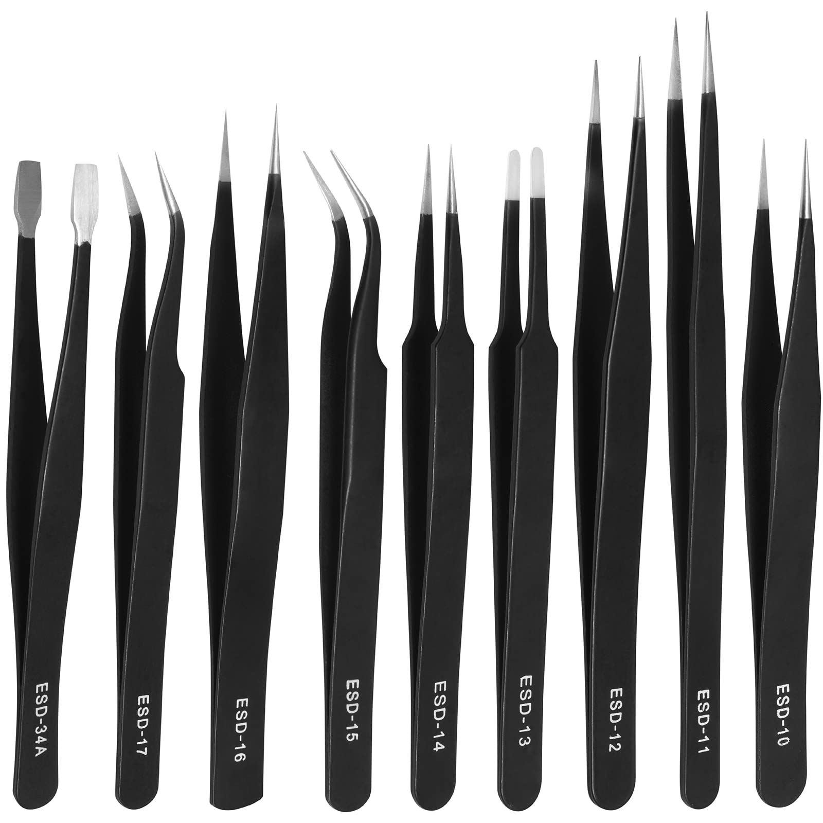 TOPBELIEF Precision ESD Tweezers Set, 9 Pcs Anti-Static Stainless Steel Tweezers, Non-Magnetic Multi-Function Craft for Electronics, Jewelry Manufacturing, Laboratory, Repairing, Hobbies