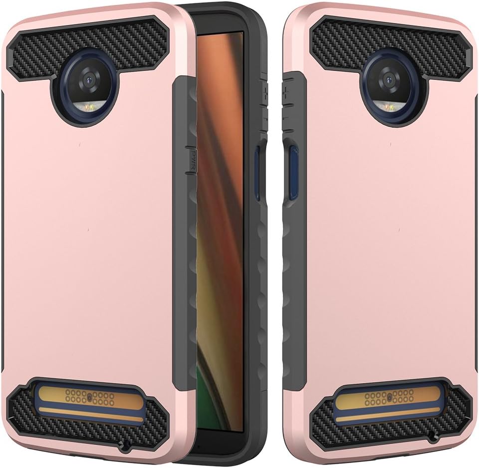 Moto Z3 Play Case, Helianton Anti-Scratch Hard Plastic + Shockproof Silicone Bumper Protective Cover,Carbon Fiber Thin Slim Phone Case Motorola Moto Z3 Play [Rose Gold]