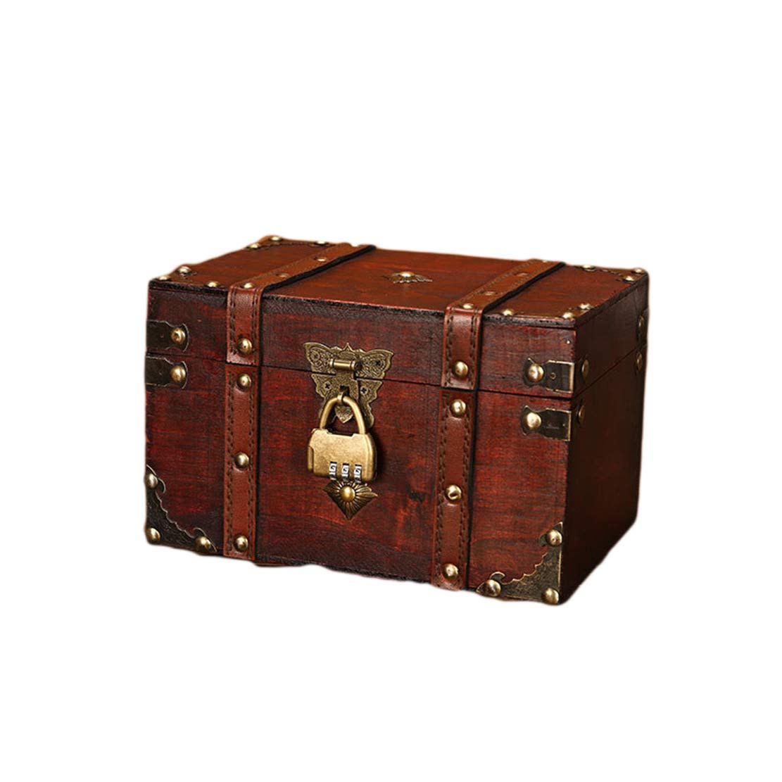 Wooden Storage Box, Pirate Treasure Chest Vintage Decorative Box with Lockable Lid and Password Lock, Luxury Storage Trinket Box Jewelry Box for Mum, Mothers Day, Christmas, Keepsakes,13.5x22x15cm