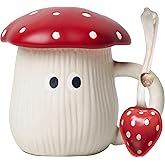 Disoza Mushroom Mug with Lids Coffee Mug Mushroom Gift Ceramic Teacup with Spoon & Coaster 400ml Tea Coffee Christmas Mugs Birthday Gift for Wife Girlfriend Kids