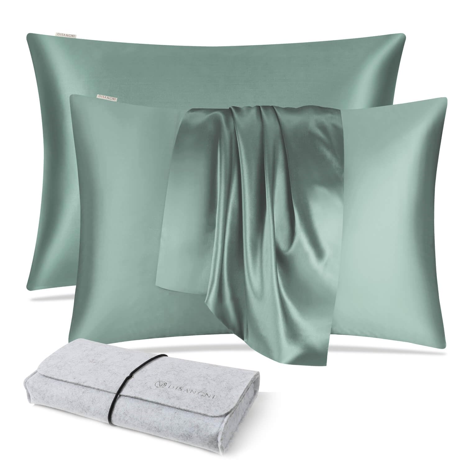 DISANGNI 100% Natural Mulberry Silk Pillow case for Hair and Skin with Hidden Zipper 22 Momme Both Sides Real Silk Pillow Case (2pc 51x66cm Light Green)