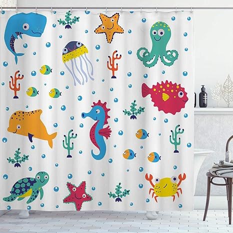 Amazon Kapanou 防水 シャワーカーテン 白い背景の上の生活マルチカラー漫画海の生き物パターン かわいいシャワーカーテン ユニットバス バスルーム 芸術の装飾 180cmx180cm バスフック付き 取り付け簡単 シャワーカーテン ホーム キッチン オンライン通販