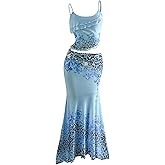 Verdusa Women's 2 Piece Floral Leopard Print Outfit Layered Ruffle Cami Top and Fishtail Maxi Skirt Set Vacation Outfits