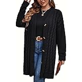 Vaimti Cable Knit Long Cardigan Sweater, Button Front