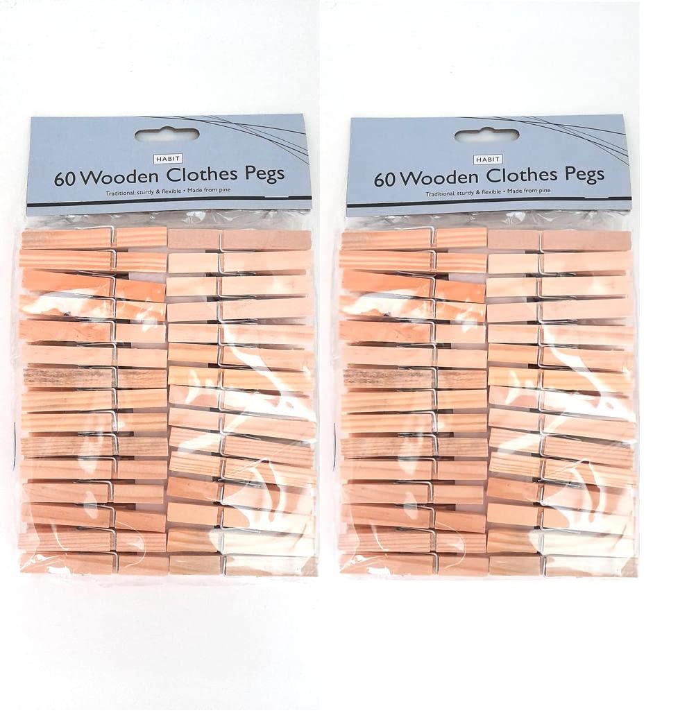 Habit 60 Wooden Pegs, Strong Grip, Everyday Use, Laundry Accessories, Ultra Strong Clothes Pegs, Garment Indoor/Outdoor Pegs, Resistant To Rust & Moisture, (Pack of 2)