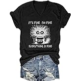 Nebere Women's I'm Fine Everything is Fine Short Sleeve Funny V Neck T Shirts Casual Cute Cat Graphic Tee Blouse Tops