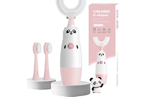 MEQTPOMY Kids U-Shaped Electric Toothbrush with 2 Brush Heads, Toddlers Sonic with 360 Degree Cleaning, Soft Bristles, Battery Included, IPX7 Waterproof, Cute cartoon for Girls and Boys, Ages 2-7 (Pink)