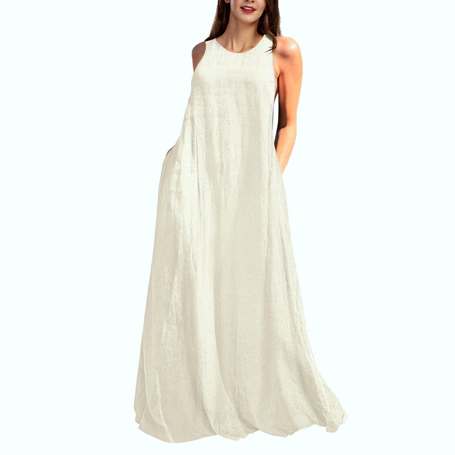 Photo 1 of Rainday Women's Linen Dress Sleeveness Loose Dresses Casual Maxi Dress with Pockets(Z3019WH,S)