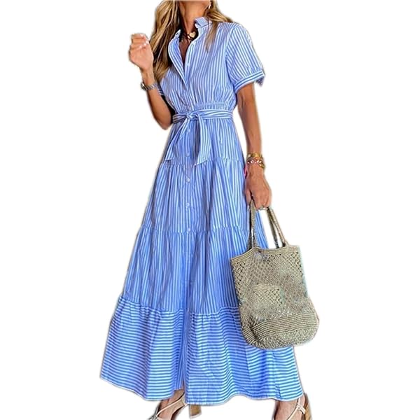knee length dresses for ladies Women's White & Black Striped Midi Shirt Dress