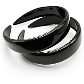 Parcelona French Wide 1 Inch Hair Headbands Cellulose Acetate Hair Hoop with Inner Teeth Nibs (Set of 2) (Black)