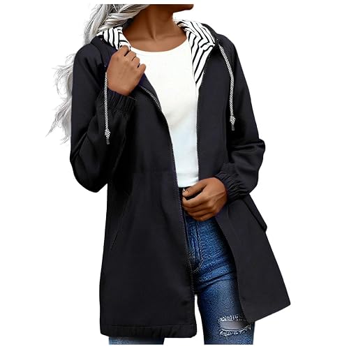 Waterproof Jacket Lightweight for Women Windbreaker Coat Long Sleeve Full Zip Raincoat Oversized Solid Color Rainjackets Ladies Jackets with Hood Casual Rain Coat for Hiking Walking Cycling Outwear