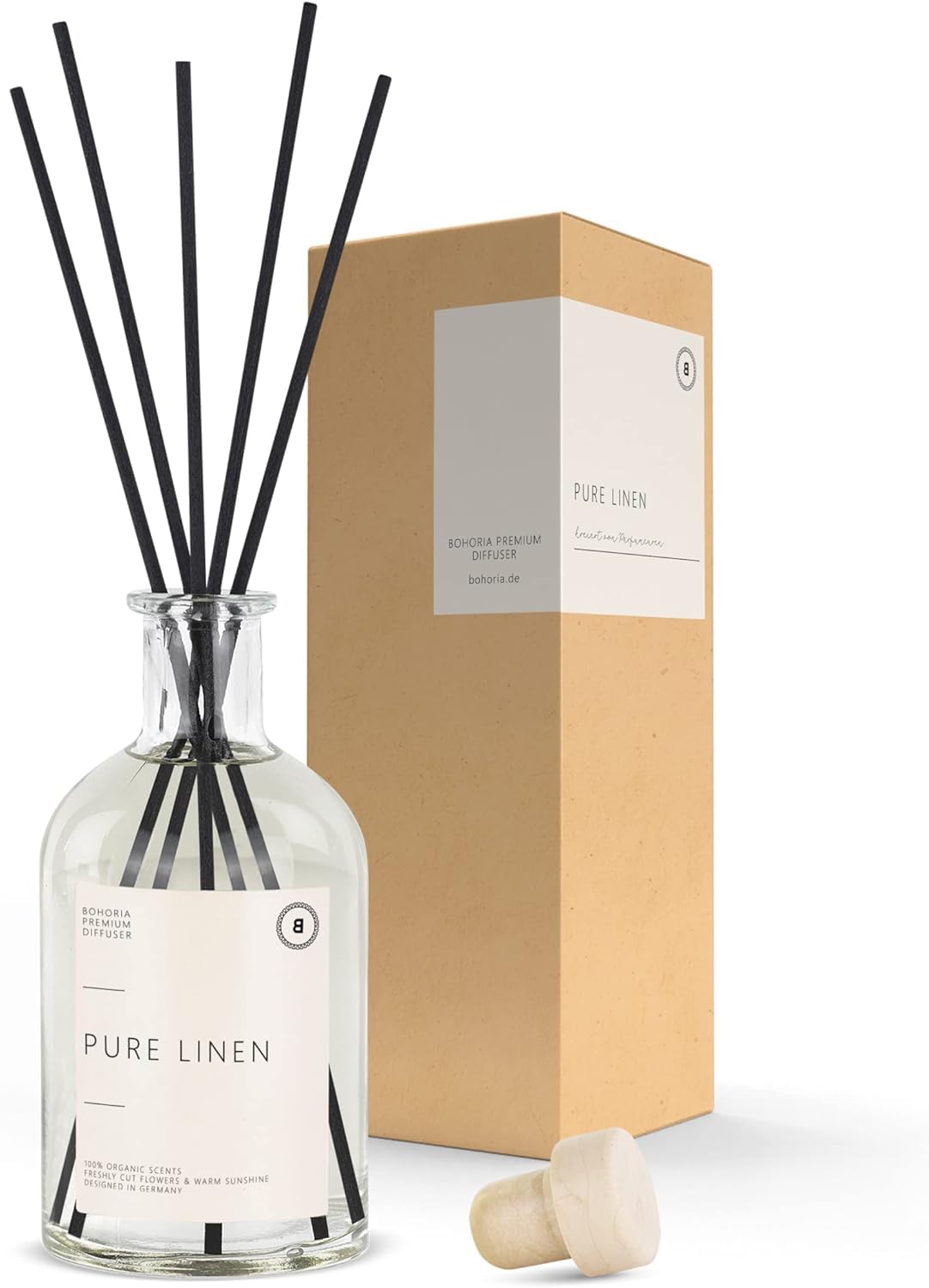 BOHORIA® Raumduft Raumdiffuser Duftstäbchen Lufterfrischer mit Frische Wäsche Duft – stimulierender und frischer Raumduft für EIN einzigartiges Dufterlebnis im Wohnzimmer Büro WC (Pure Linen, 250ml)