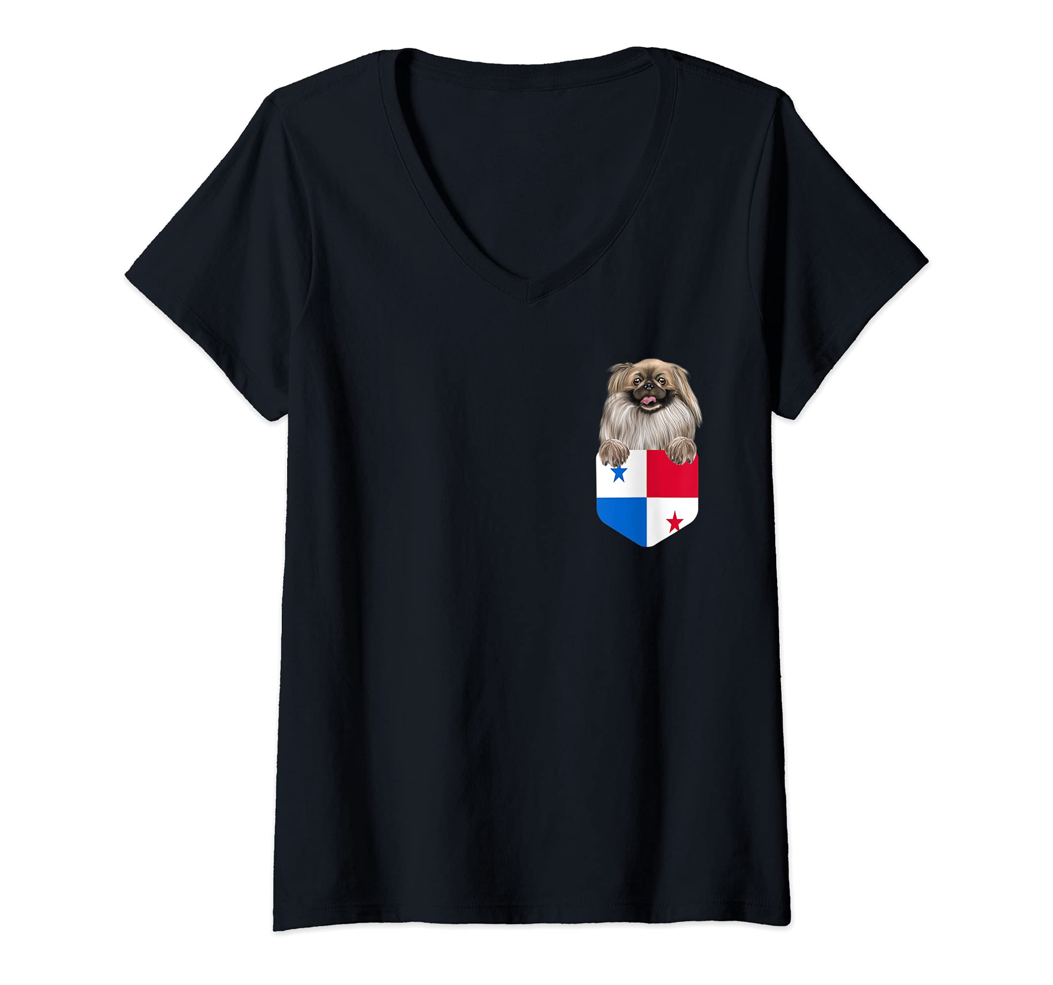 Womens Panama Flag Pekingese Dog In Pocket V-Neck T-Shirt