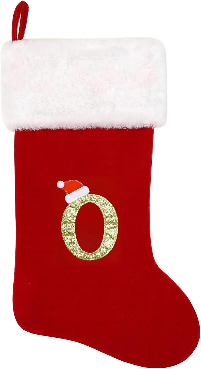 Stockings & Holders - Tokforty 20 Inches Red Velvet with White Super Soft Plush Cuff Monogram Christmas Stockings, Xmas Personalized Embroidered Letter Stockings for Family Holiday Decorations and Xmas Tree Fireplace（O）