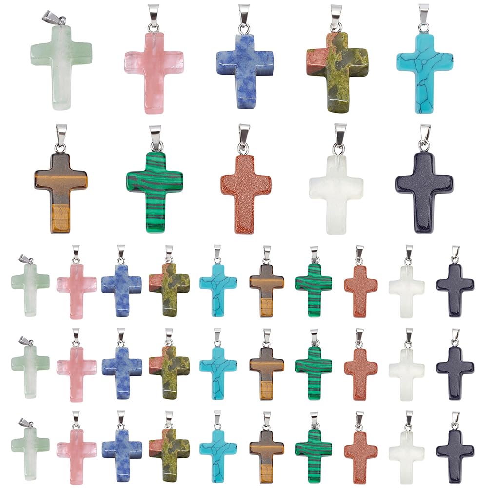 PH PandaHall 50pcs Cross Gemstone Pendants, 10 Colors Cross Necklace Charm with Metal Findings for Men Women Pendant Jewellery Easter Prayer DIY Jewellery Making, Hole 6x3mm