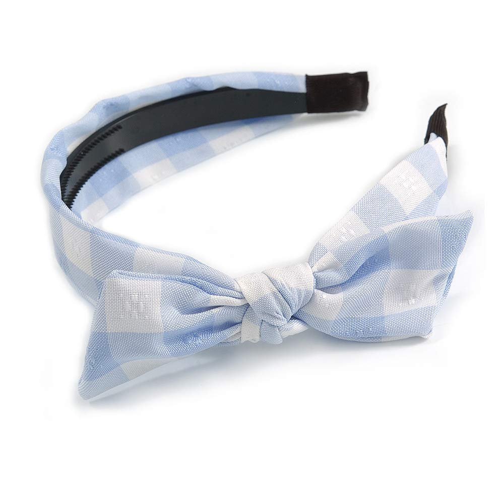 Light Blue/White Checked Fabric Bow Alice/Hair Band/HeadBand